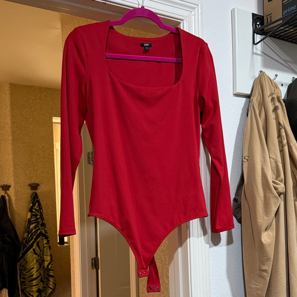 Express Red Long-Sleeve Square Neck Bodysuit